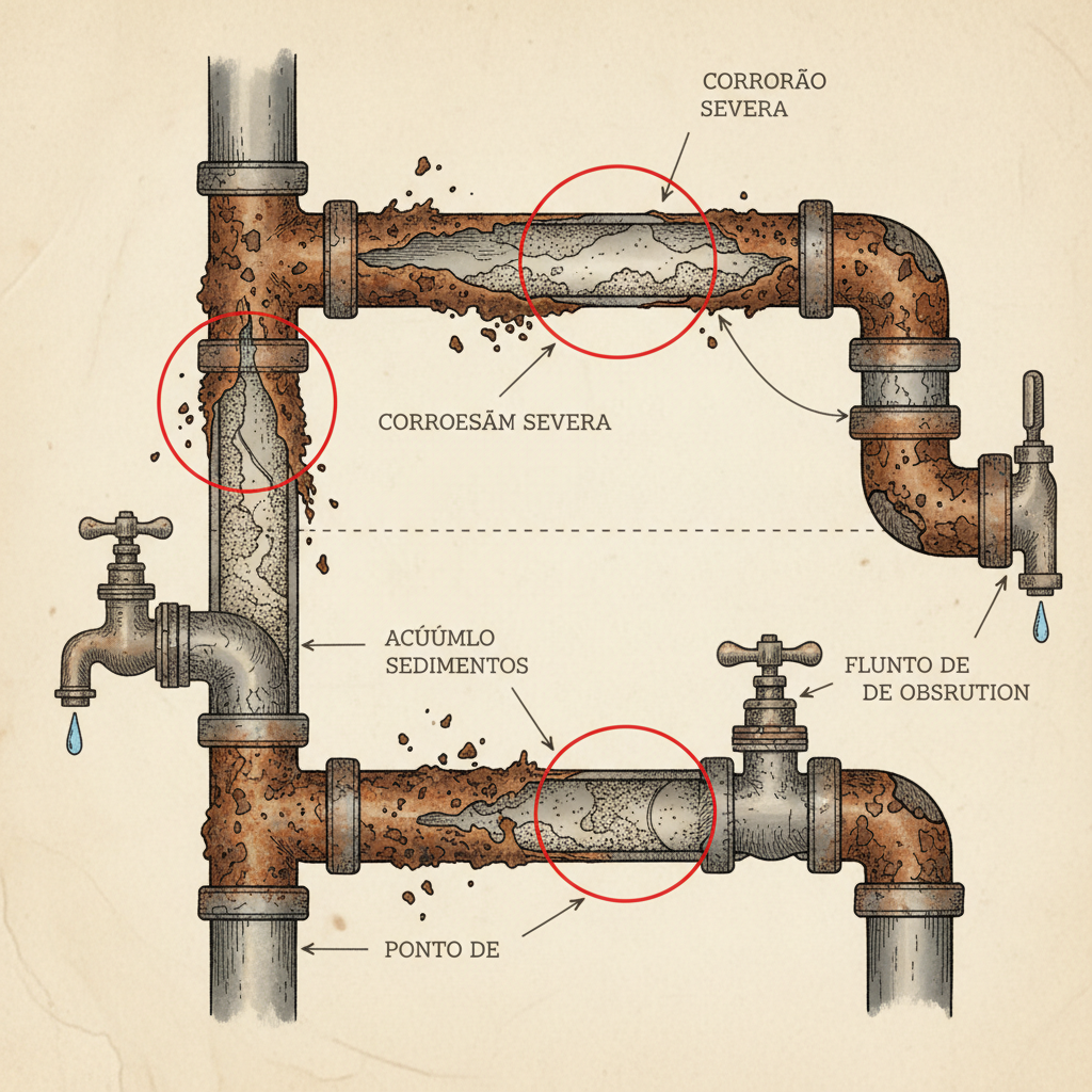Representação esquemática de um sistema de encanamento antigo, com destaque para a corrosão, acúmulo de sedimentos e seções de tubulação com diâmetros reduzidos, indicando pontos de obstrução.