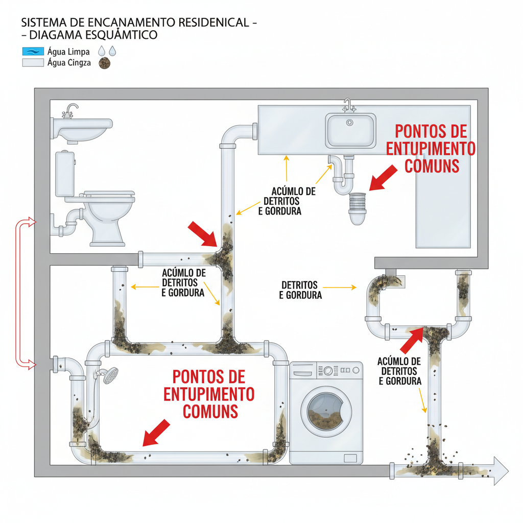 Representação esquemática de um sistema de encanamento residencial com setas indicando pontos comuns de entupimento, como pias, vasos sanitários e ralos, destacando acúmulo de detritos e gordura. A imagem deve ser clara e detalhada, com tubulações transparentes para visualização interna.