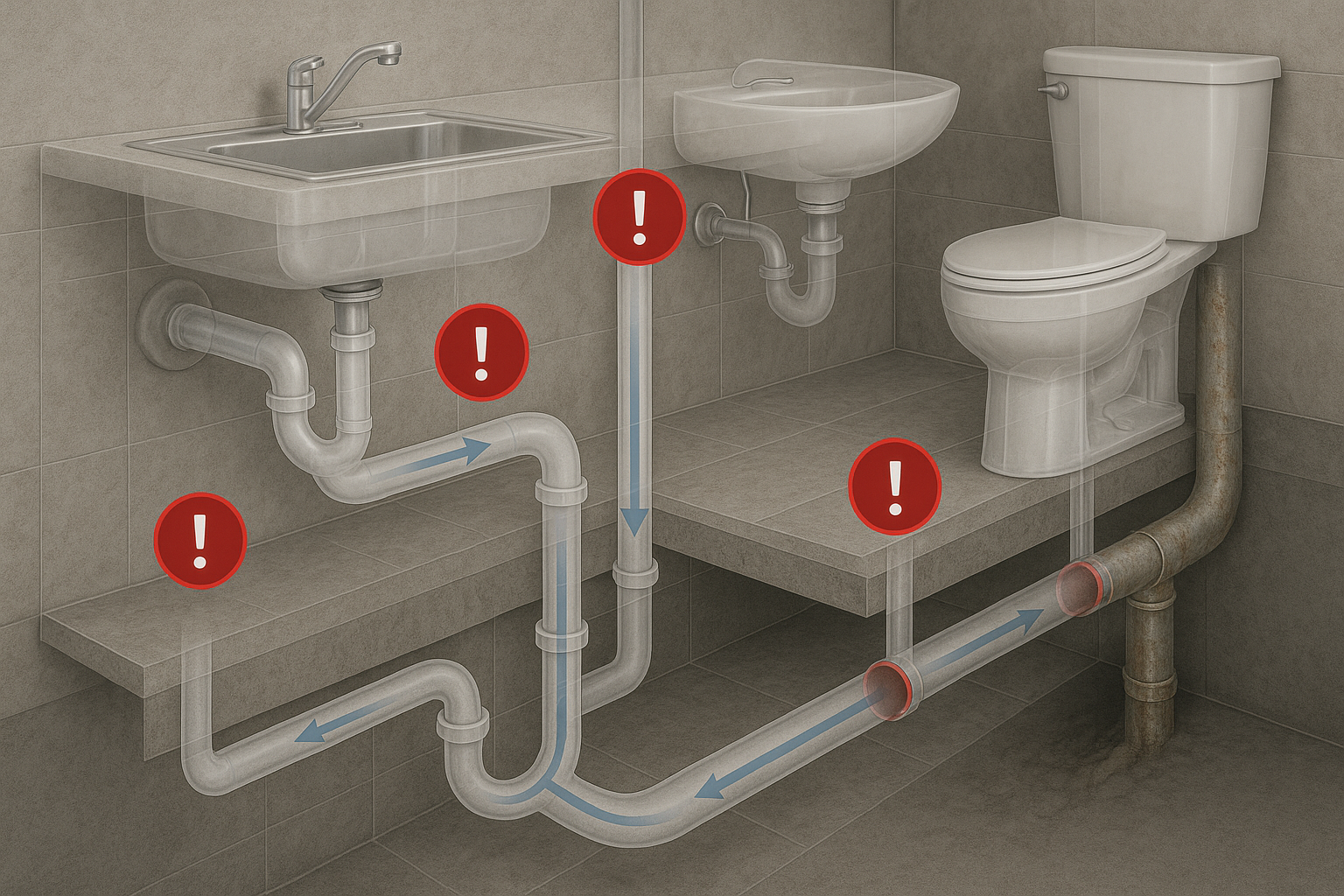 Representação técnica de um sistema de encanamento residencial com setas indicando fluxo e pontos de potencial obstrução. Foco na complexidade das tubulações e nos diversos pontos onde um entupimento pode ocorrer, desde a pia da cozinha até o ramal principal. Estilo realista e informativo, sem elementos humanos.