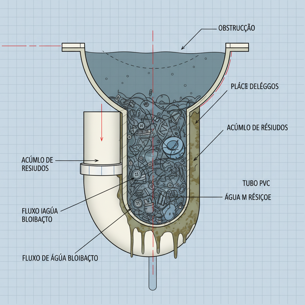 Uma representação técnica e detalhada de um ralo de tanque de lavanderia, com acúmulo de resíduos como fiapos de roupa, pelos e pequenos objetos, obstruindo a passagem da água. A imagem deve ter uma perspectiva de corte para mostrar o interior da tubulação.