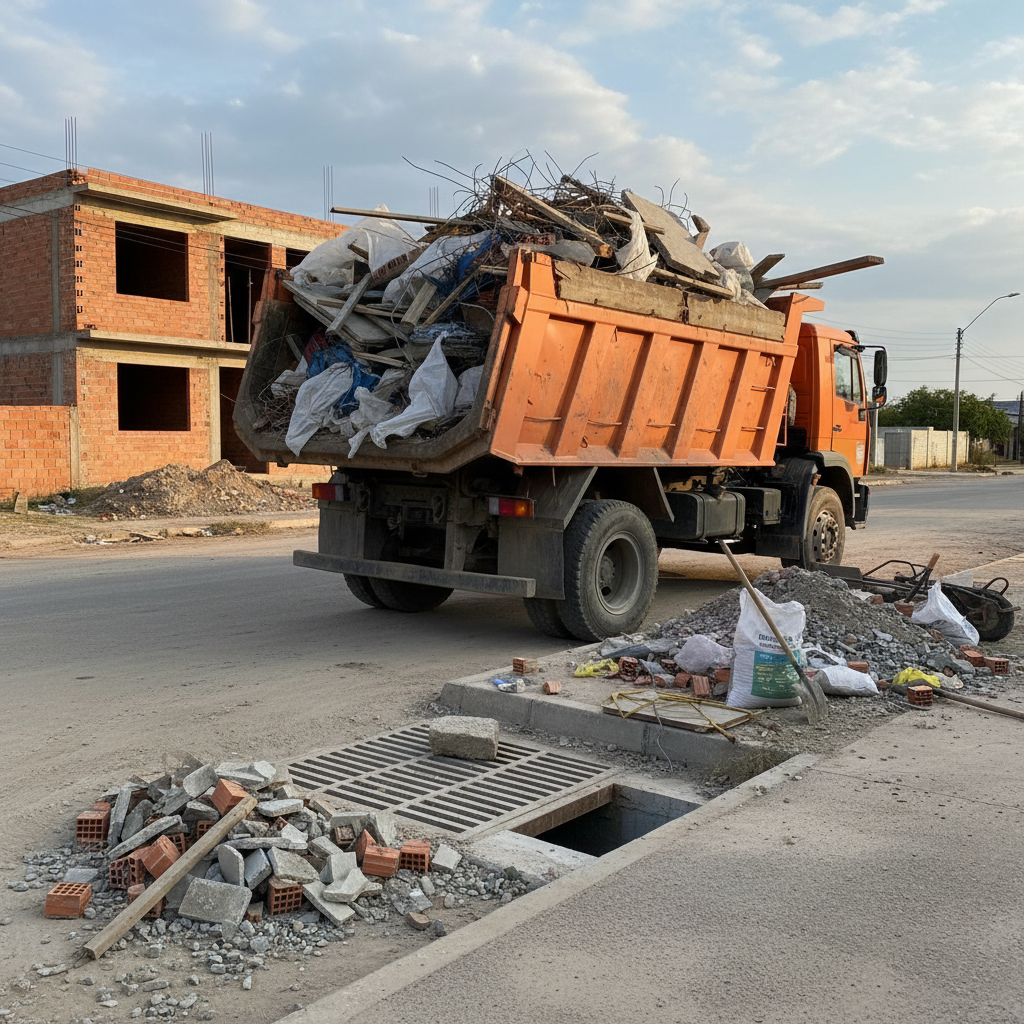 Caminhão de entulho ou restos de materiais de construção civil próximos a uma boca de lobo.