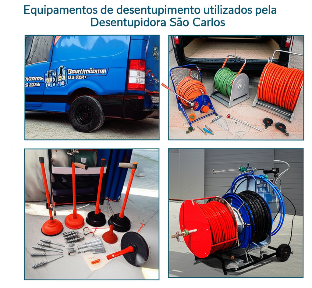 Equipamentos de desentupimento utilizados pela Desentupidora São Carlos.