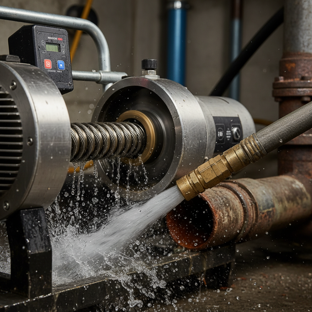 Close-up de equipamentos profissionais de desentupimento em ação, como máquinas roto-rooter ou bicos de hidrojateamento, destacando a tecnologia utilizada.