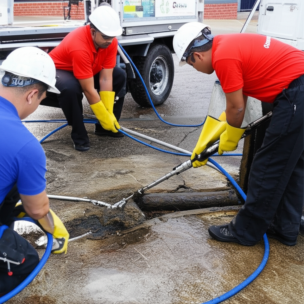 Equipe da Desentupidora São Gonçalo utilizando equipamentos modernos para desentupir tubulações em um apartamento.