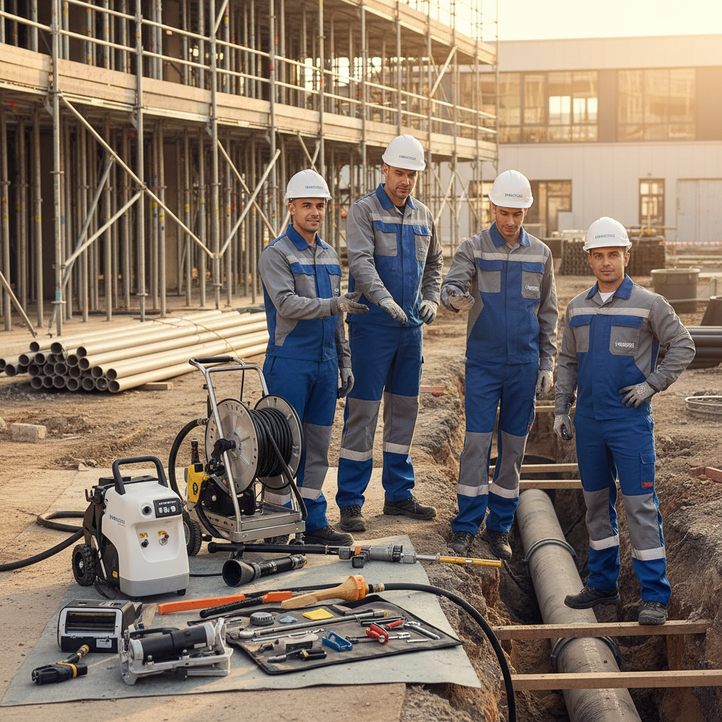 Equipe de profissionais especializados em desentupimento e inspeção hidráulica, utilizando equipamentos modernos e uniformes. O cenário é de uma obra organizada e segura, transmitindo confiança e expertise.
