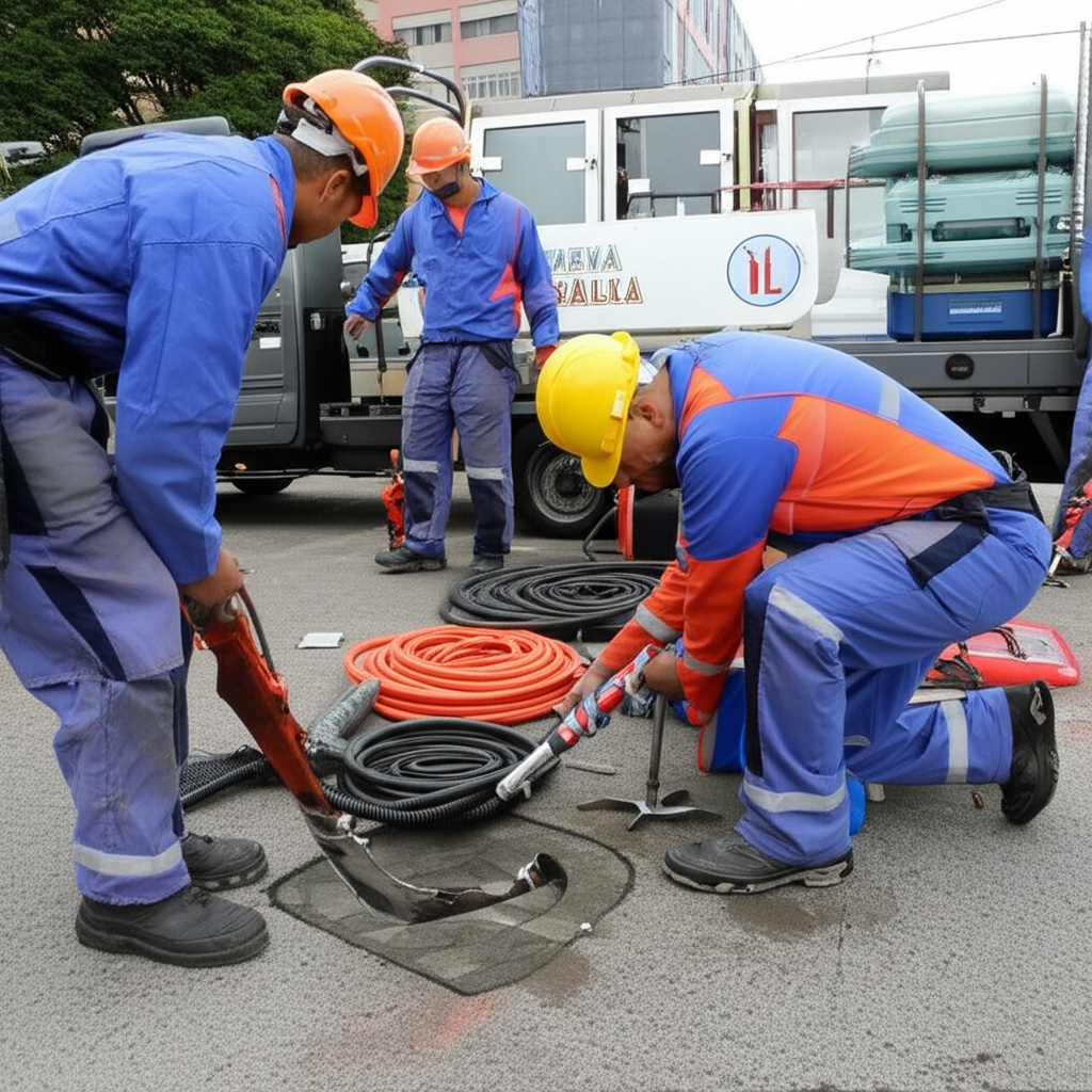 Equipe de desentupidora profissional com equipamentos modernos em ação.png