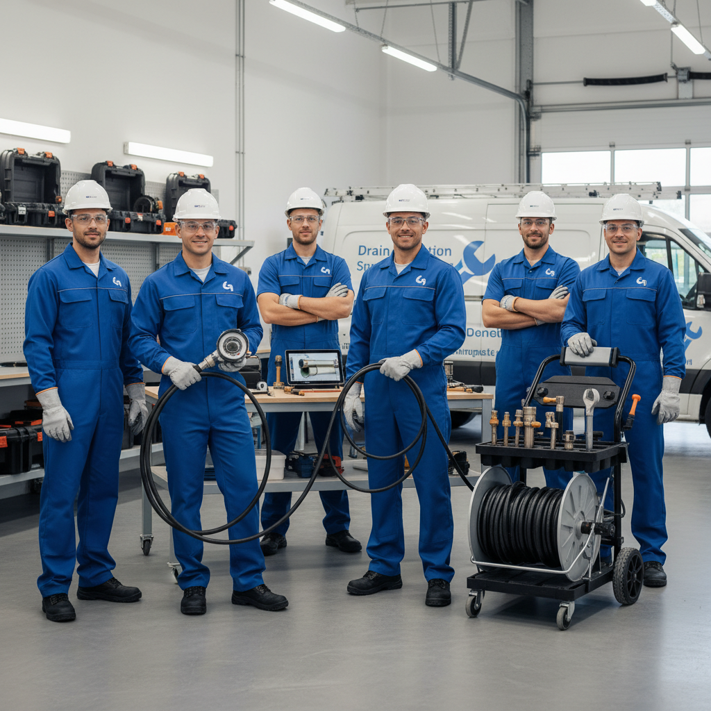 Grupo de técnicos de desentupidora com equipamentos variados (câmera de inspeção, hidrojato, EPIs) em um ambiente limpo e organizado. A imagem deve transmitir profissionalismo, expertise e confiança da equipe.