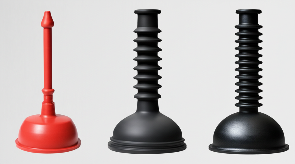 Close-up técnico de três tipos de desentupidores de vaso sanitário: o de ventosa tradicional, o tipo sanfonado e o com flange estendida, dispostos lado a lado. A iluminação deve focar nos detalhes de design e material, com um fundo neutro que enfatiza a funcionalidade de cada um.