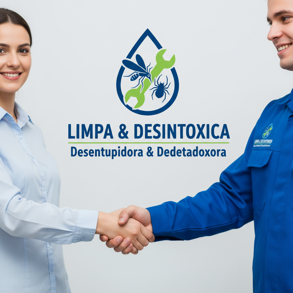 Duas mãos se cumprimentando: uma de um cliente (Mariana) e outra de um representante de uma empresa desentupidora e dedetizadora, ambos com expressões profissionais e de satisfação. Ao fundo, o logo da empresa com símbolos de desentupimento e controle de pragas, reforçando a parceria de confiança e a amplitude dos serviços.