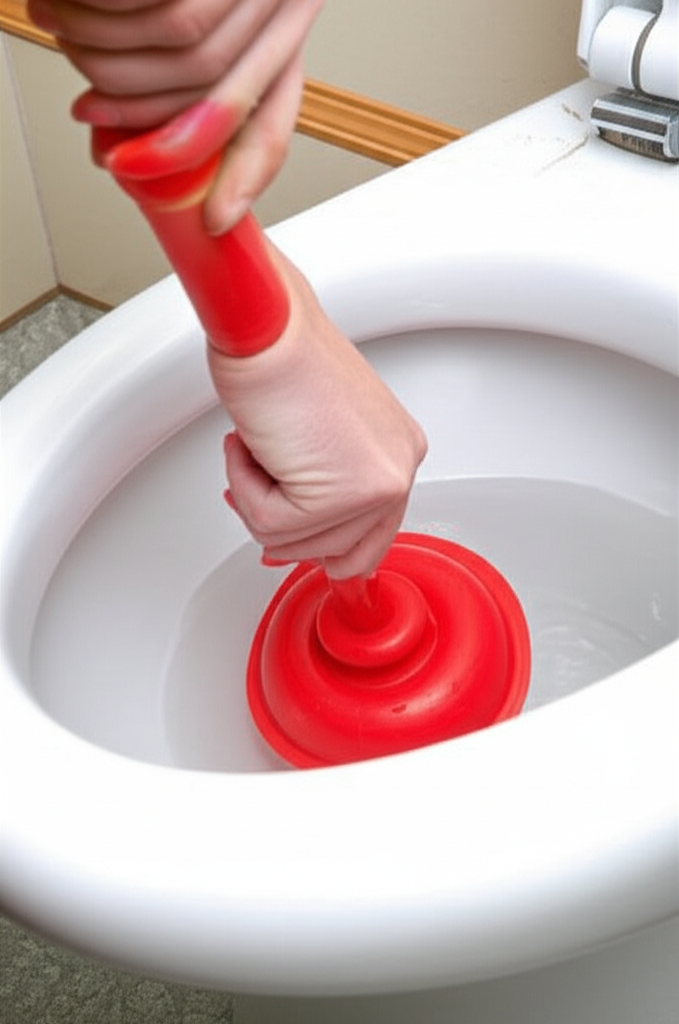 Imagem de uma pessoa utilizando um desentupidor de borracha no vaso sanitário.