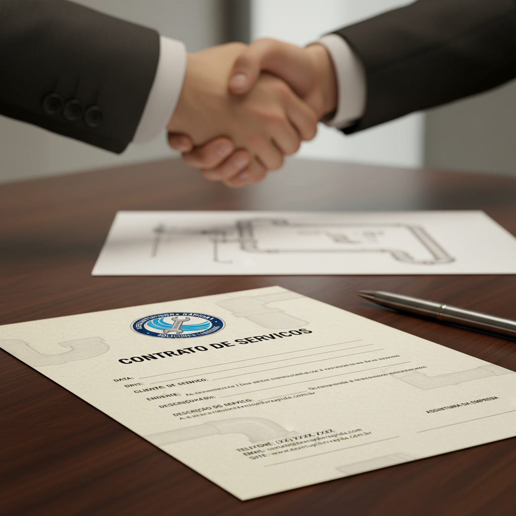 Um contrato ou folheto de uma empresa de desentupimento de aparência profissional, com um logotipo claro e informações de contato. Um aperto de mãos é visível ao fundo, simbolizando confiança e um acordo bem feito. A cena deve transmitir profissionalismo e credibilidade, com foco nos detalhes do documento.
