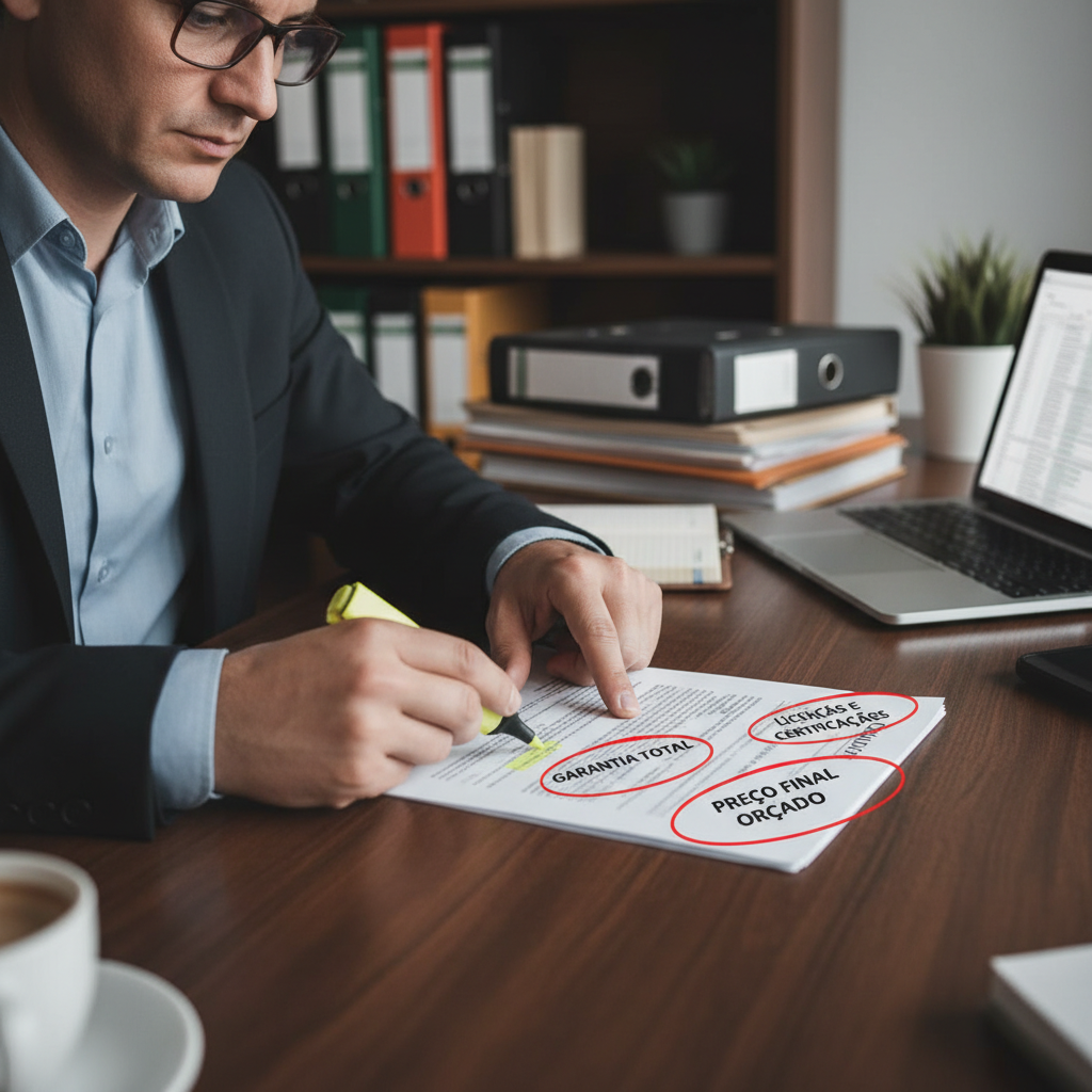 Mãos de um síndico ou gestor examinando um contrato ou proposta de serviço de desentupimento, com foco em termos como