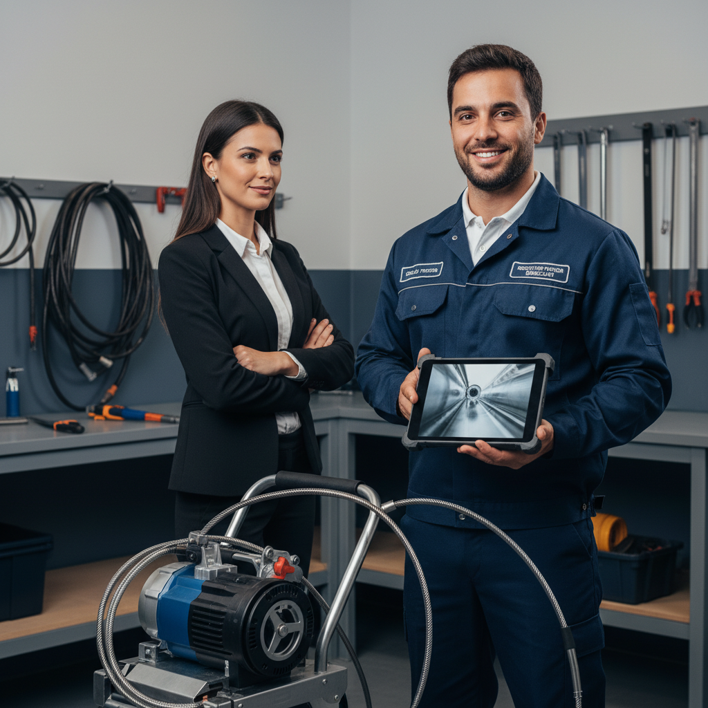 Uma imagem de um profissional de desentupimento com uniforme limpo e crachá, utilizando equipamentos modernos e especializados (uma máquina de desentupimento eletromecânico e um tablet mostrando uma tela de vídeo inspeção), interagindo de forma clara e confiável com um cliente em um ambiente organizado. A cena transmite competência, profissionalismo e transparência.