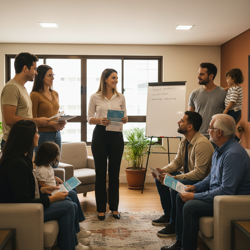 Uma gestora de imóveis (Mariana) conversando com um grupo de inquilinos em uma área comum do condomínio. Ela está entregando um folheto informativo com dicas de uso consciente das instalações hidráulicas. O ambiente é acolhedor e a interação é educativa e construtiva.