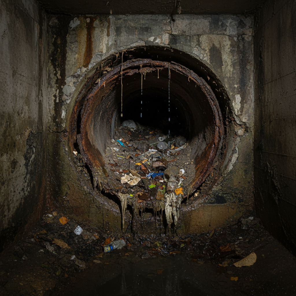 Vista de uma tubulação de bueiro danificada ou corroída, com rachaduras e acúmulo de detritos.