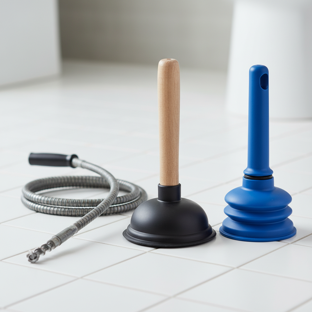 Coleção de desentupidores de vaso sanitário (ventosa tradicional e sanfonado) e um desentupidor manual tipo cobra, dispostos sobre uma superfície limpa, com foco na funcionalidade e nos materiais resistentes.