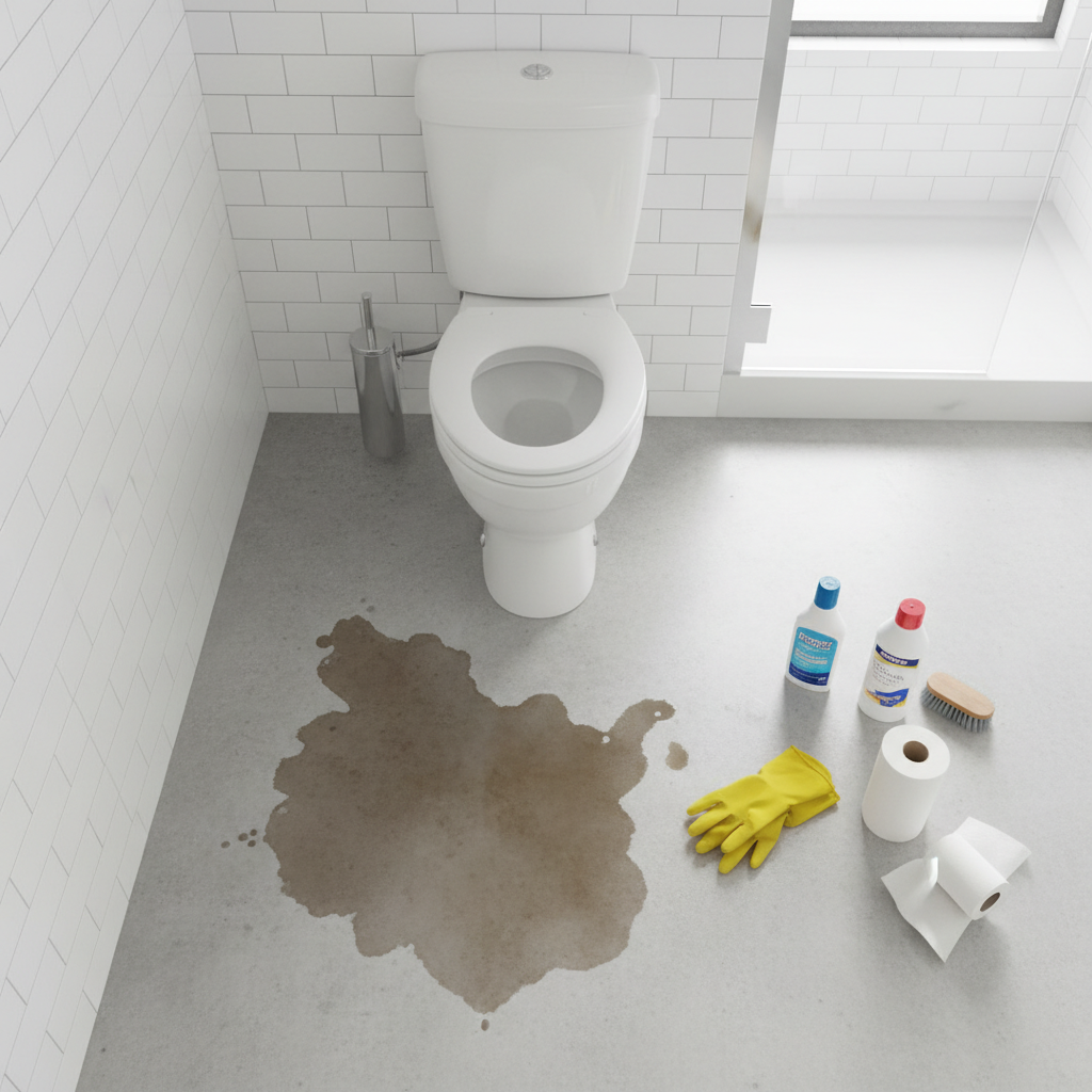 Uma seleção organizada de equipamentos de proteção individual (luvas de nitrila, máscara PFF2, óculos de segurança) e produtos de limpeza (água sanitária, desinfetante bactericida, esponjas, escovas de cerdas duras) dispostos sobre uma bancada limpa, com foco na preparação antes da limpeza.