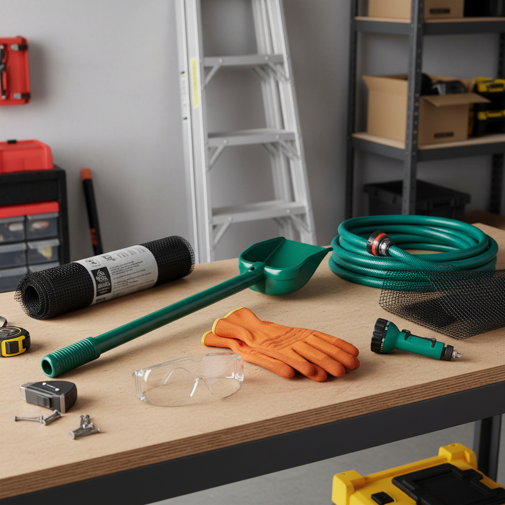 Mesa de trabalho com uma seleção de ferramentas de manutenção de calhas: uma escada de extensão robusta, luvas de proteção, óculos de segurança, uma pá de calha de longo alcance, uma mangueira de jardim com bico ajustável e um rolo de tela de proteção de calha.