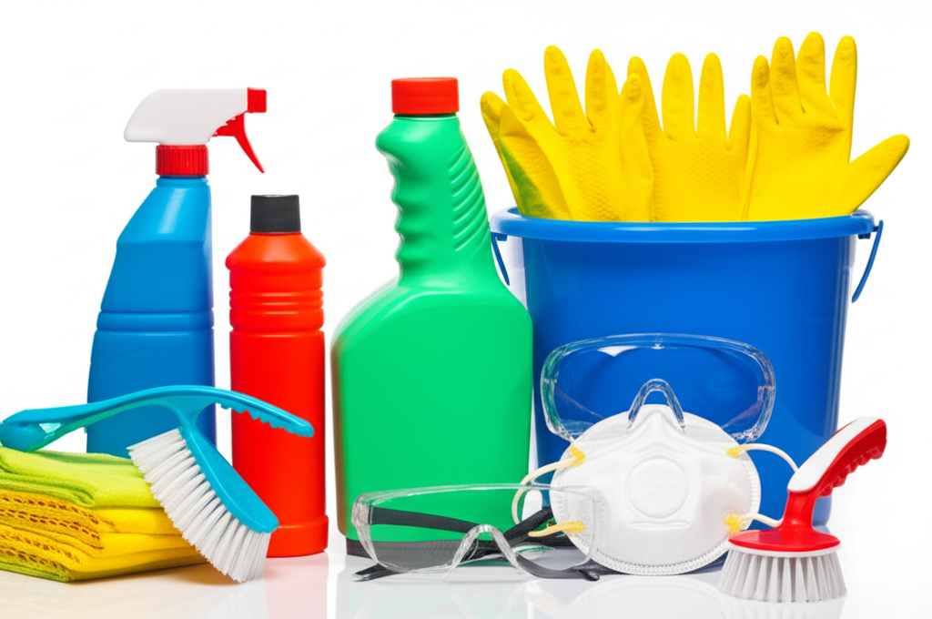 Organização de um kit de limpeza pós-entupimento, incluindo luvas de borracha resistentes, máscara de proteção N95, óculos de segurança, desinfetantes concentrados, escovas sanitárias de cerdas duras, baldes e panos de microfibra, dispostos em uma superfície limpa e bem iluminada.