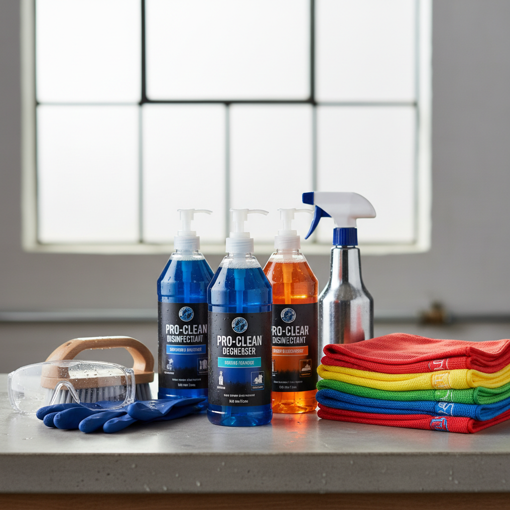 Disposição organizada de produtos de limpeza como desinfetantes, detergentes, luvas, esponjas e panos de microfibra, todos com rótulos técnicos e em um fundo neutro, enfatizando a importância de materiais adequados.