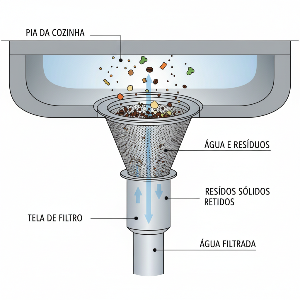 Corte esquemático de um ralo de pia de cozinha com uma tela de filtro instalada, demonstrando a retenção de resíduos sólidos e partículas de alimentos. A imagem deve ser limpa e técnica, com foco na funcionalidade do filtro.