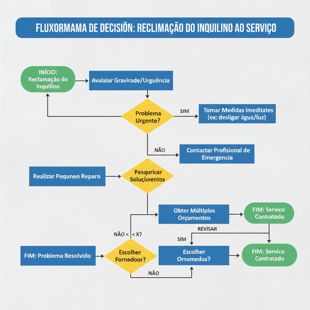 Gráfico de fluxo decisório simplificado para proprietários de imóveis, mostrando etapas desde a reclamação do inquilino até a contratação de serviço, com pontos de decisão e clareza nas etapas.