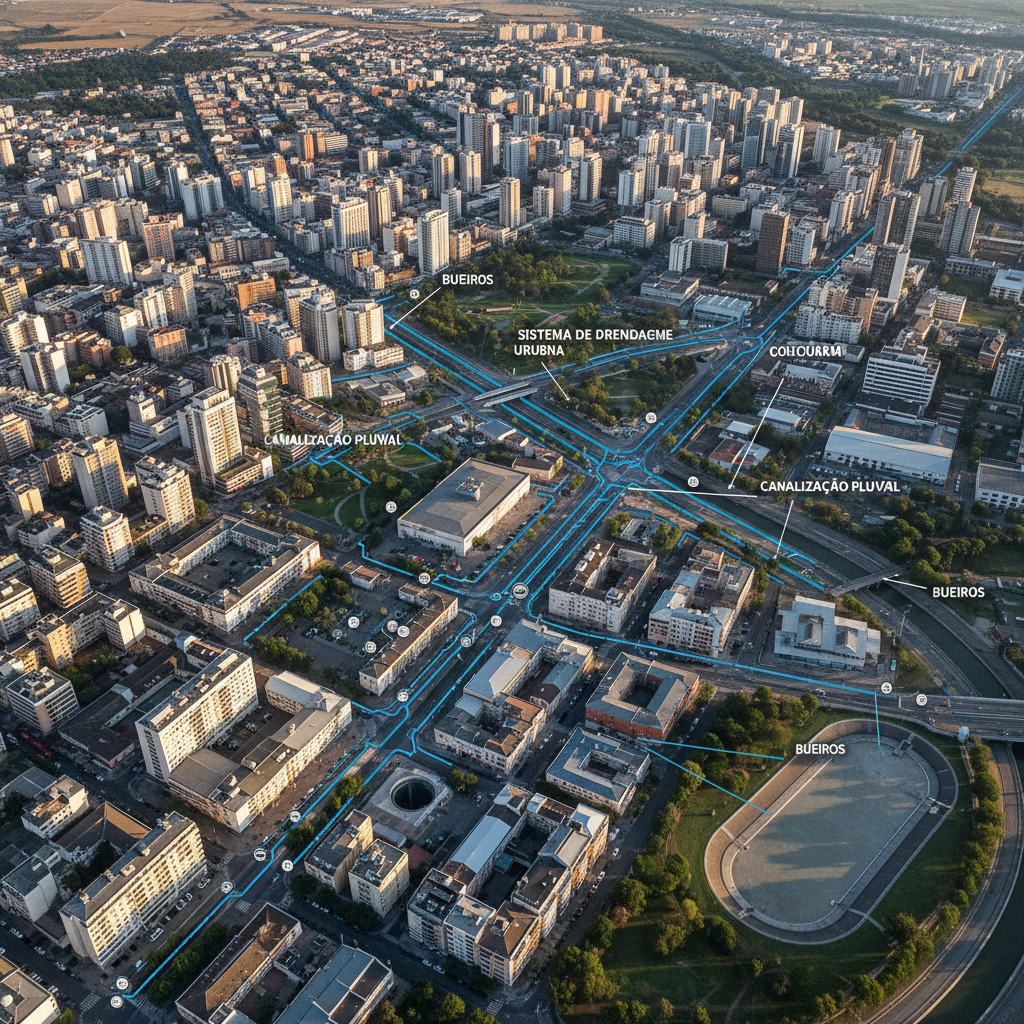 Imagem aérea de uma cidade com destaque para os bueiros e o sistema de drenagem pluvial, mostrando a interconexão da infraestrutura urbana com a gestão da água da chuva. Vista panorâmica com foco em engenharia civil.