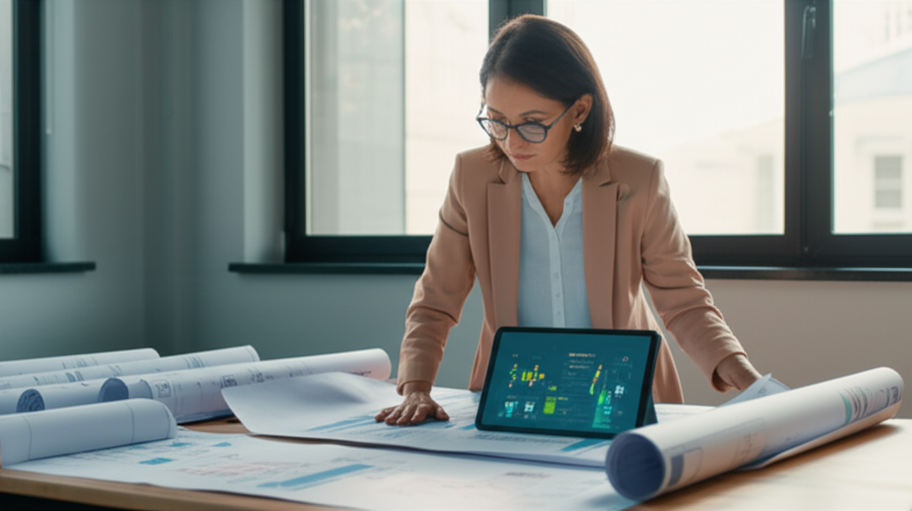 Uma gestora de imóveis analisa diagramas de encanamento, com várias anotações e um tablet exibindo relatórios de manutenção preditiva.