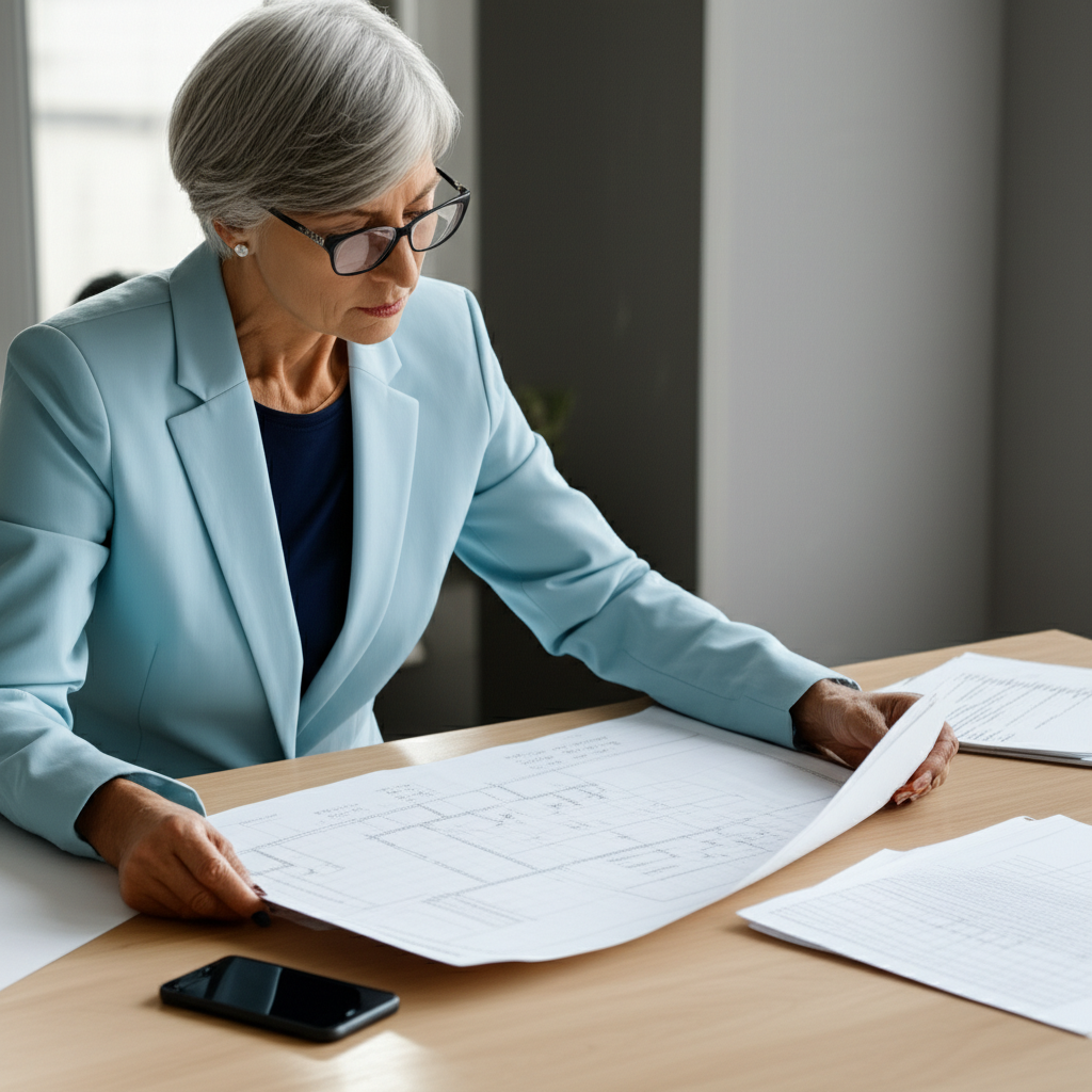 Gestora analisando planta hidráulica e documentos para manutenção predial.png