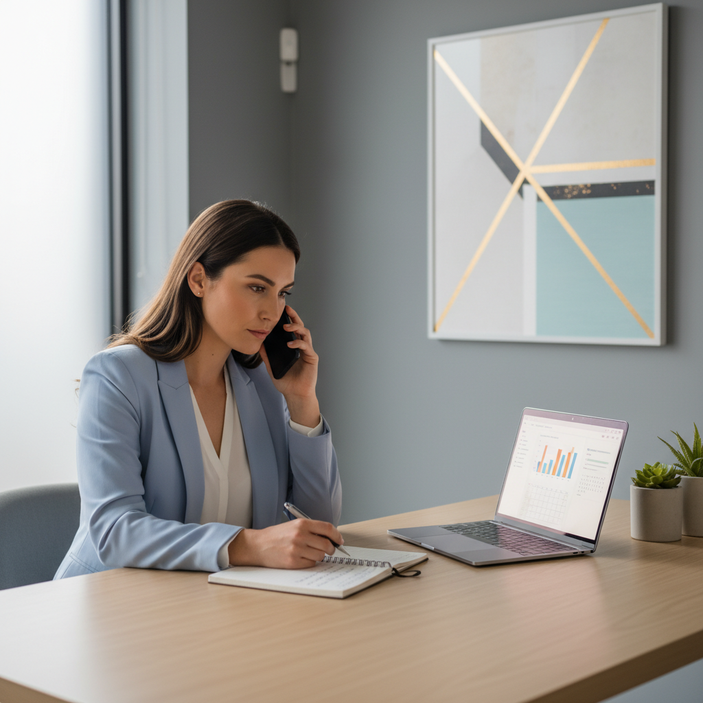 Representação de uma gestora (Mariana) ouvindo atentamente um inquilino ao telefone, com um bloco de anotações e um computador ao fundo, transmitindo profissionalismo e atenção. A cena é moderna e clean.