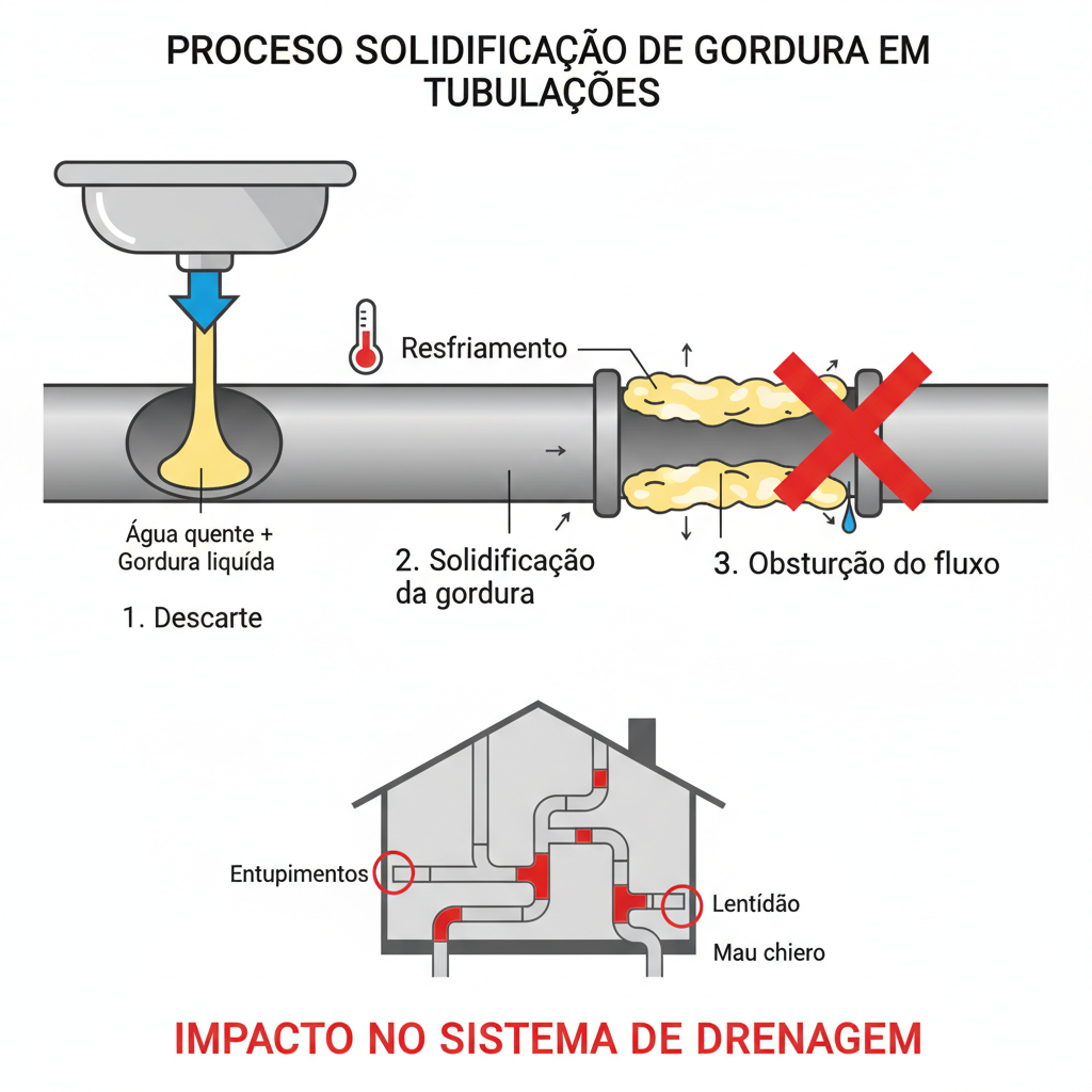 Gráfico mostrando o processo de solidificação da gordura na tubulação e seu impacto no sistema de drenagem.