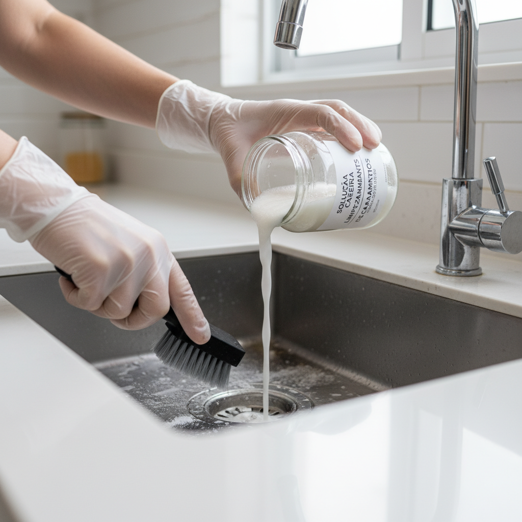 Pessoa limpando o ralo da pia com uma escova e outra despejando uma solução caseira de limpeza de encanamentos (ex: bicarbonato e vinagre), mostrando cuidados diários de manutenção. A imagem deve focar nas mãos e nos objetos, com uma sensação de limpeza e cuidado.