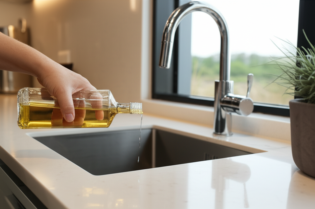Close-up de uma mão descartando óleo de cozinha em um recipiente apropriado ao lado da pia de uma cozinha gourmet em um apartamento premium, enfatizando a conscientização e a prática correta. O ambiente é elegante e funcional.
