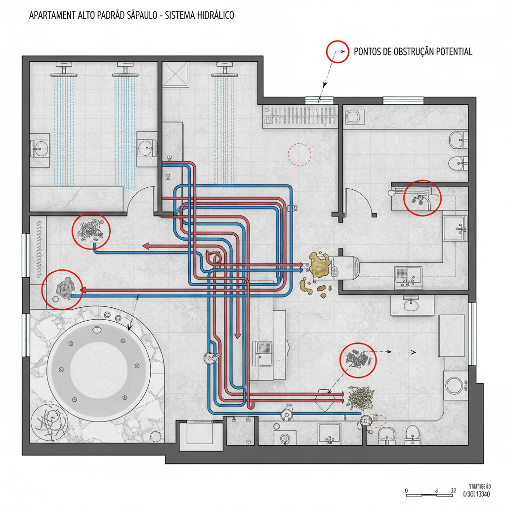 Representação técnica de um sistema hidráulico complexo em um apartamento de alto padrão em São Paulo, mostrando a interconexão de tubulações e pontos potenciais de obstrução. O design é sofisticado, mas com falhas estruturais subjacentes destacadas.
