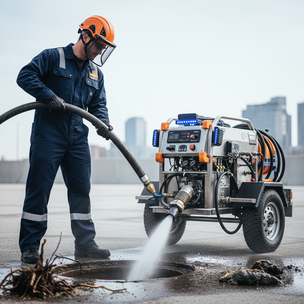 Profissional uniformizado operando equipamento de hidrojateamento em um sistema de esgoto, com a mangueira inserida na tubulação. A imagem transmite tecnologia, força e eficácia na resolução de entupimentos complexos.