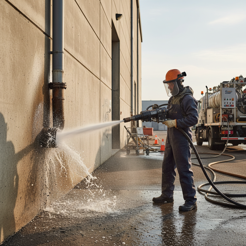 Um profissional de desentupimento utilizando equipamento de hidrojateamento em uma tubulação externa. A cena é dinâmica e demonstra o poder da tecnologia em serviços profissionais de desentupimento.