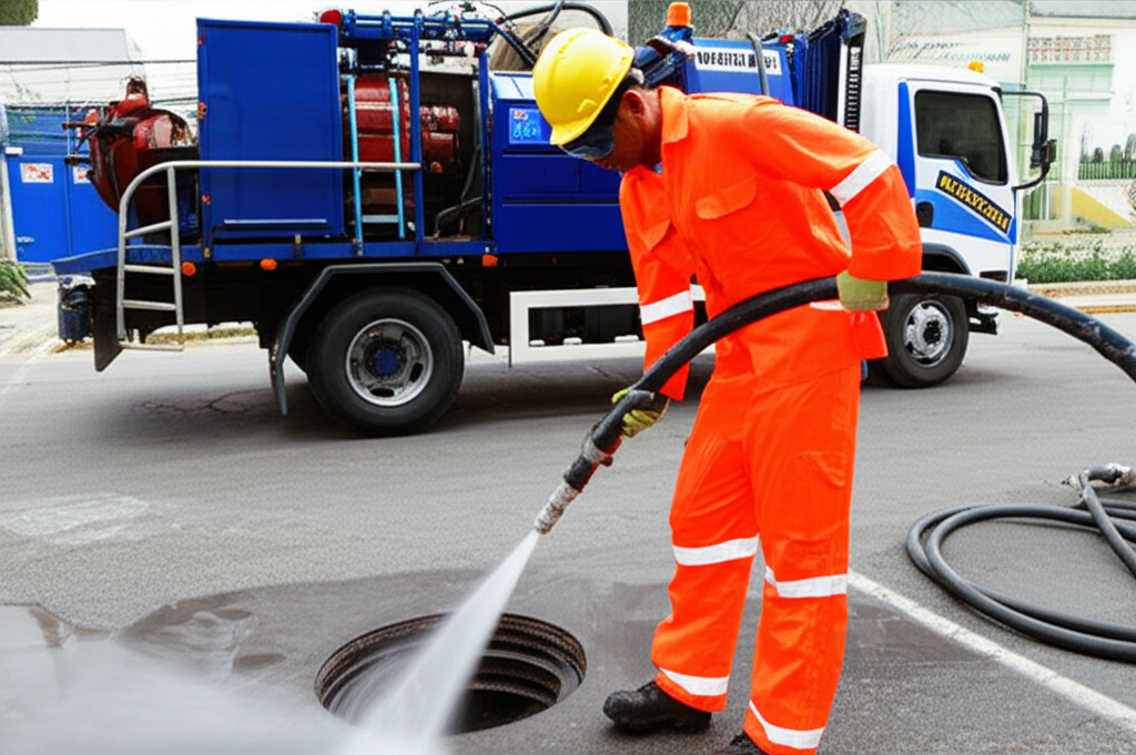 Profissional utilizando equipamento de hidrojateamento para limpeza de tubulação subterrânea de esgoto.
