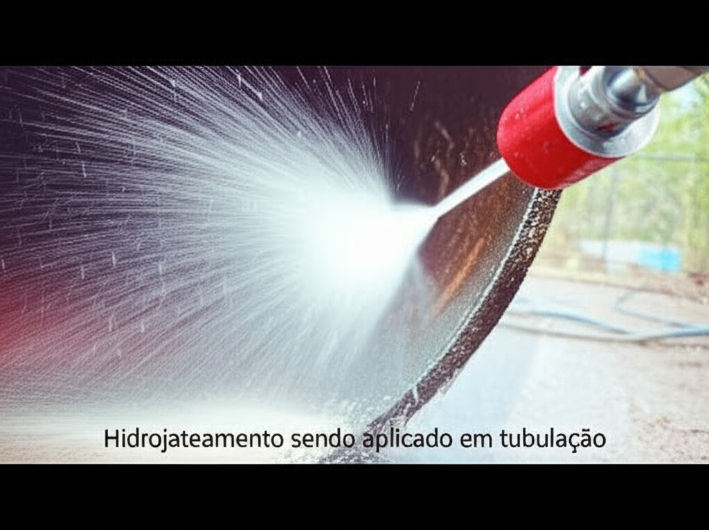 Hidrojateamento sendo aplicado em tubulação.