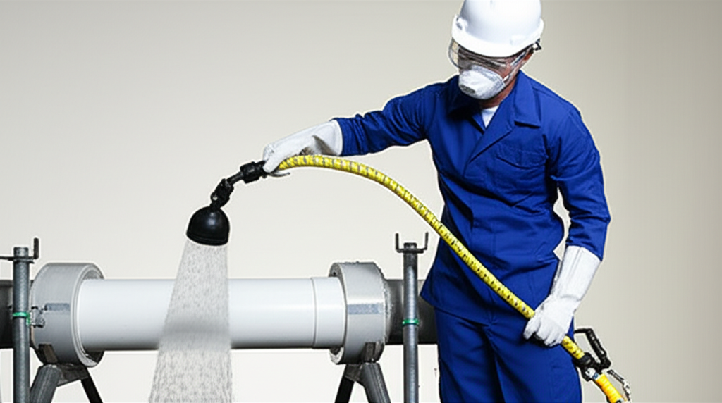 Profissional de desentupidora (com uniforme limpo e equipamento profissional) utilizando uma mangueira de hidrojateamento para higienizar o interior de um cano exposto, mostrando a limpeza da tubulação. Ambiente técnico e limpo.