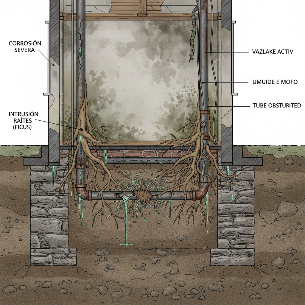 Profissional técnico utilizando uma câmera de vídeo inspeção em um tubo de encanamento, com uma tela de monitor mostrando imagens internas de obstruções, rachaduras e acúmulo de resíduos. O ambiente deve ser de inspeção profissional e detalhada.