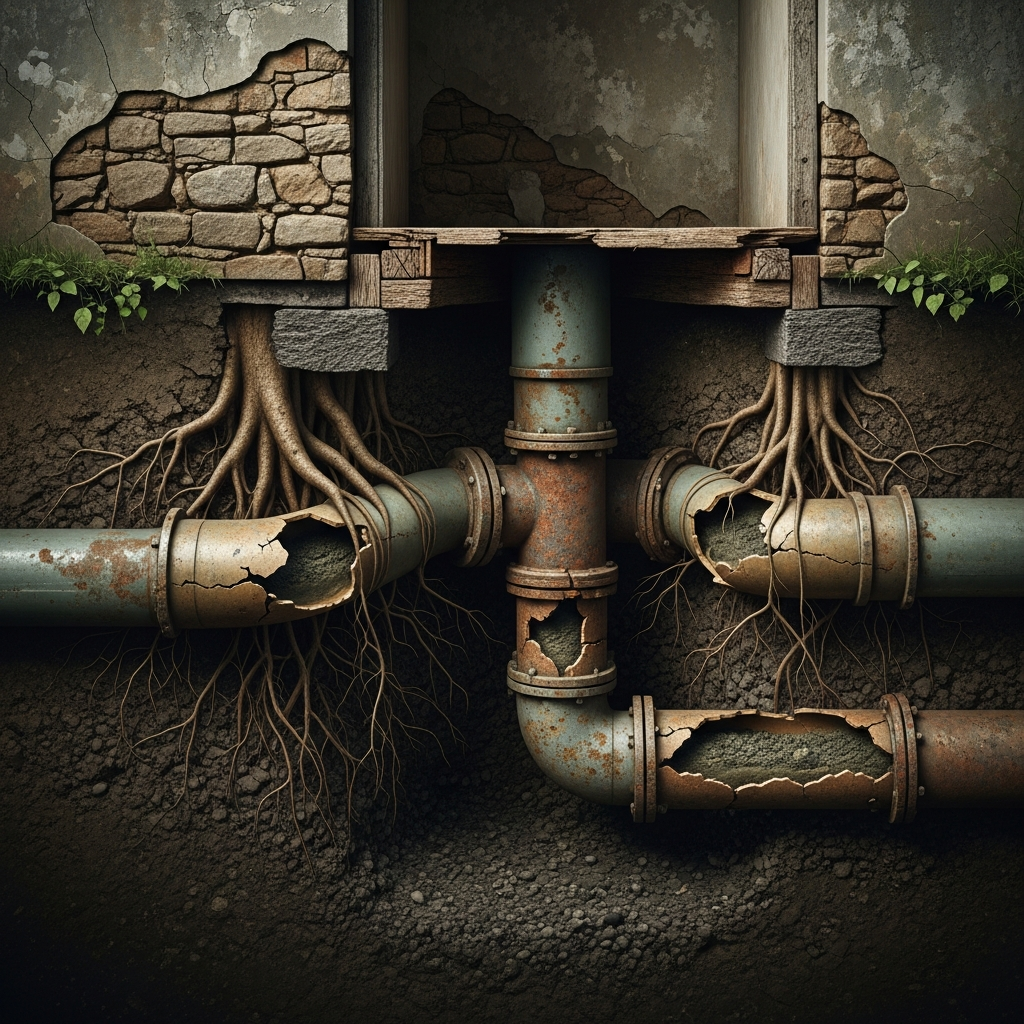 Close-up técnico de uma câmera de vídeo inspeção sendo inserida em uma tubulação antiga, com um monitor exibindo imagens claras de uma rachadura longitudinal no tubo e o início de uma obstrução por sedimentos. O ambiente deve ser de inspeção profissional.