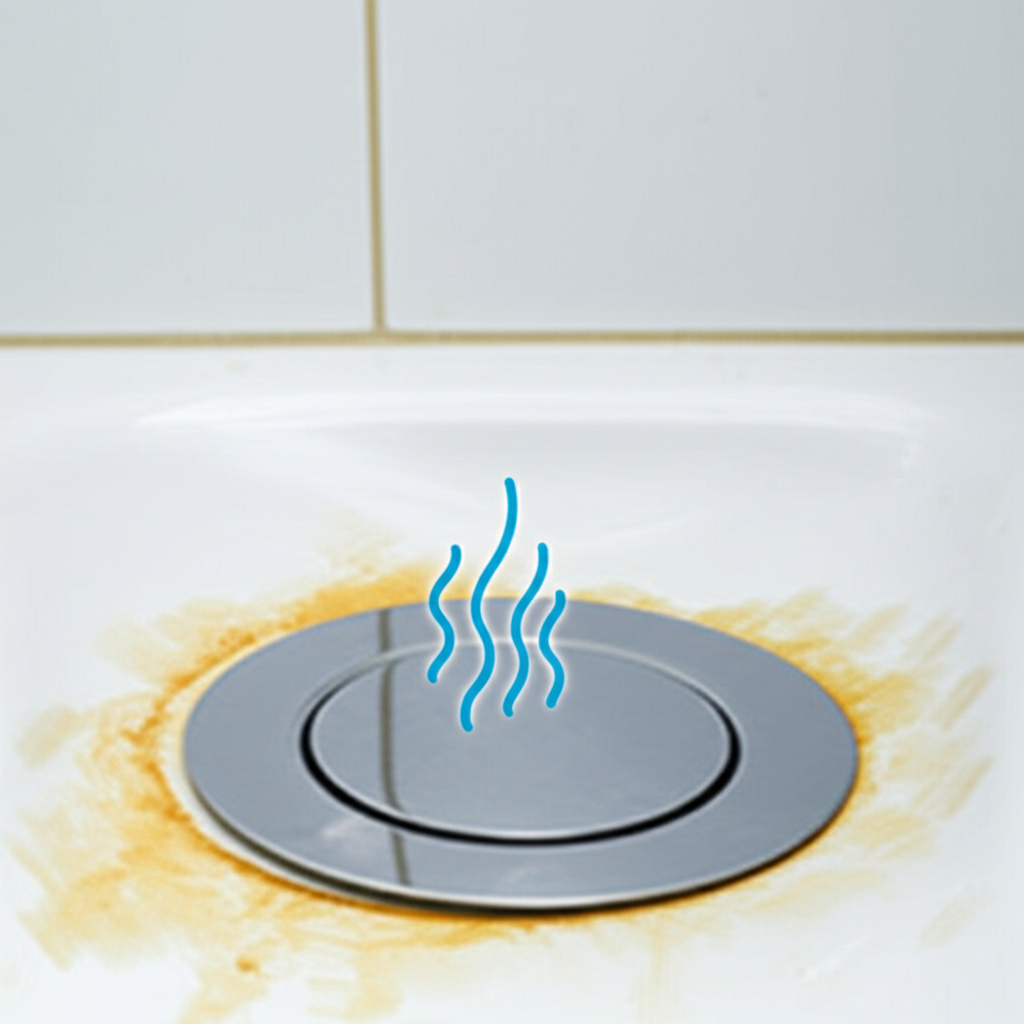 Representação visual de um banheiro com uma área que indica sinais de um entupimento recente, como manchas de água ou um odor visualmente sugerido por linhas onduladas, com um foco técnico na higienização pós-incidente. A iluminação deve ser clara, demonstrando a necessidade de limpeza meticulosa.