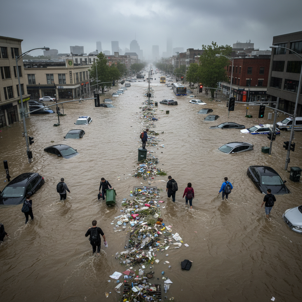 Uma imagem aérea ou de rua capturando uma cena de alagamento urbano significativo após uma forte chuva. Ruas transformadas em rios, carros parcialmente submersos, pessoas tentando se locomover por áreas inundadas, enfatizando o caos e o perigo que o entupimento de bueiros pode causar em uma escala maior.