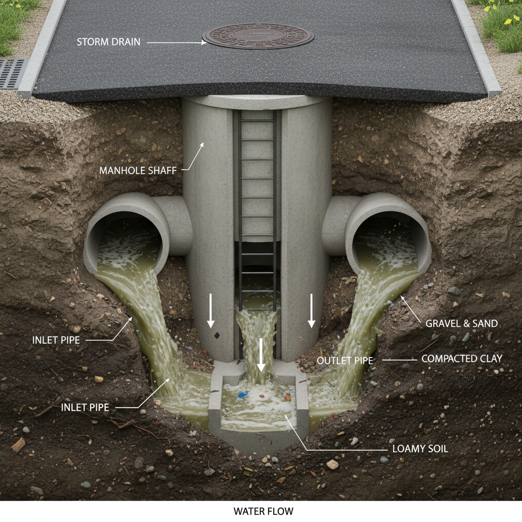 Uma imagem técnica e limpa mostrando um corte transversal de um bueiro com a rede de drenagem subterrânea, destacando a passagem da água e as diferentes camadas de solo. A imagem deve ser realista, focada nos componentes internos e no fluxo hídrico.