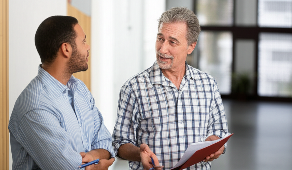 Proprietário e inquilino conversando amigavelmente.