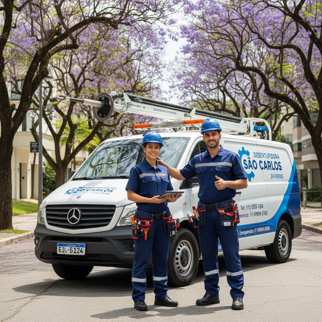 Dois profissionais da Desentupidora São Carlos, devidamente uniformizados e equipados, em frente a um veículo de serviço moderno da empresa. A pose deve transmitir profissionalismo, confiança e prontidão para o trabalho. O ambiente pode ser uma rua arborizada ou entrada de condomínio em São Paulo. Foco na imagem da marca e na qualidade do serviço.