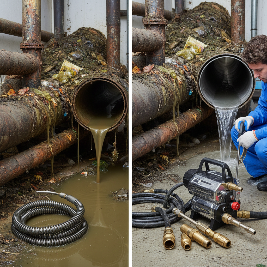 Uma cena realista de um encanamento de esgoto complexo e obstruído, com a água acumulando. Em contraste, na mesma imagem, uma parte do cano está limpa e desobstruída, simbolizando a solução profissional. Há ferramentas de desentupimento modernas e limpas, como cabos de aço e uma mangueira de hidrojateamento, em primeiro plano, com um técnico de desentupimento (foco no detalhe técnico do equipamento) observando a situação.