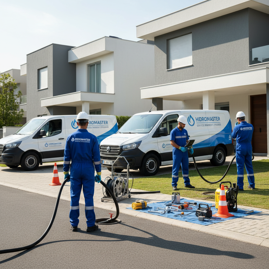 Profissionais uniformizados e equipados, com veículos identificados, realizando um serviço de desentupimento em uma residência. Cena que transmite profissionalismo, segurança e expertise.