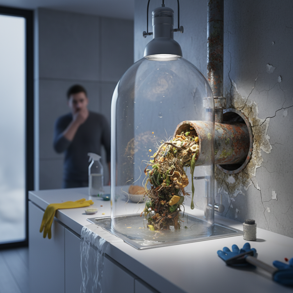 Representação visual de uma tubulação hidráulica seccionada, exibindo acúmulo de resíduos orgânicos e inorgânicos em processo de decomposição, com focos de microrganismos. O ambiente circundante é um apartamento residencial moderno, com foco na cozinha ou banheiro, demonstrando o impacto de um entupimento na higiene e integridade estrutural. A iluminação é técnica, destacando as texturas dos detritos e a superfície da tubulação.