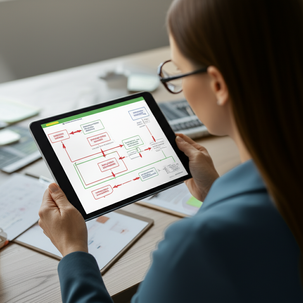 Gestora de imóveis analisando um fluxograma complexo de um sistema hidráulico predial em um tablet, com setas indicando pontos de falha e soluções preventivas. Foco na visão estratégica e no planejamento.